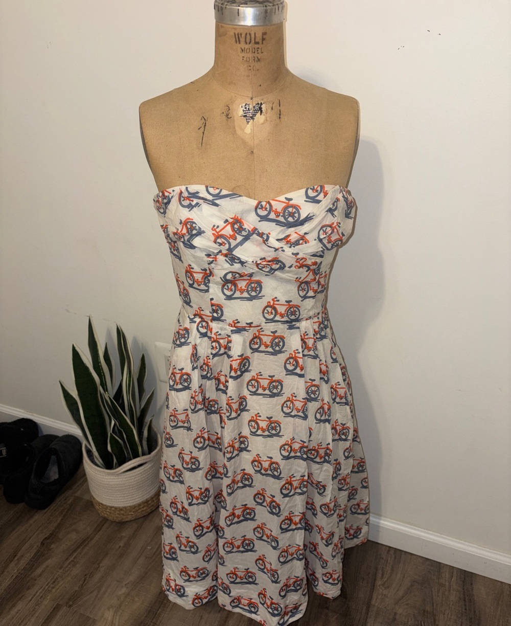 Strapless Bicycle Print Cotton Sundress in White Orange Gray